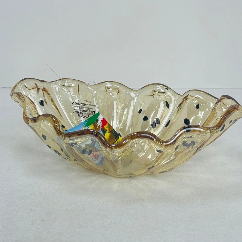 Tammaro Home Murano Glass Bowl Amber Speckled Ruffled Rim Made in Italy 10in